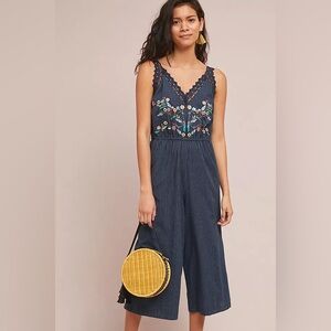 ANTHROPOLOGIE Navy Embroidered Jumpsuit
